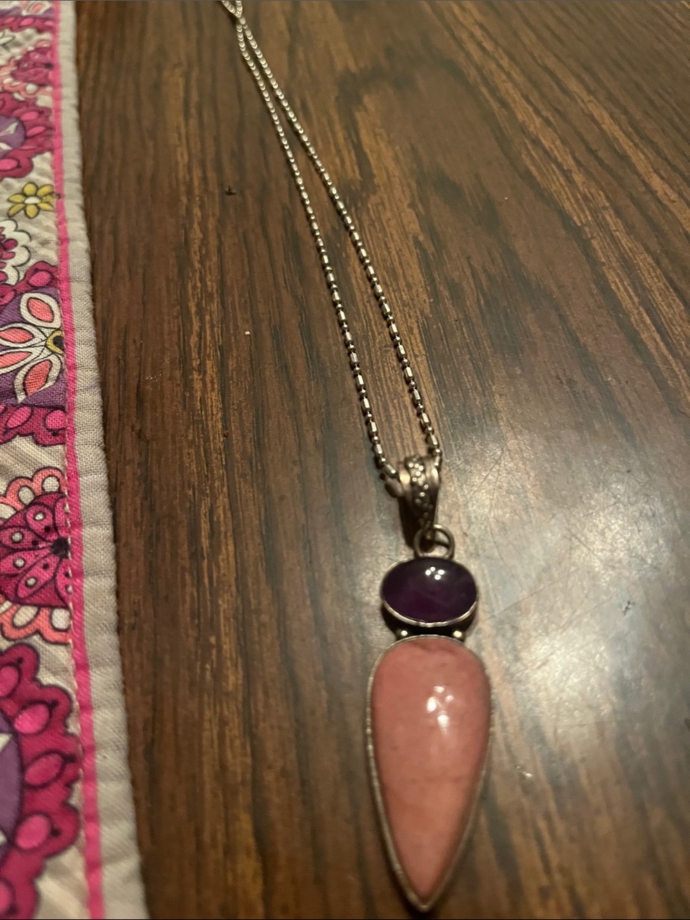 Silver Pendant Necklace with Pink Teardrop and Purple Cabochon